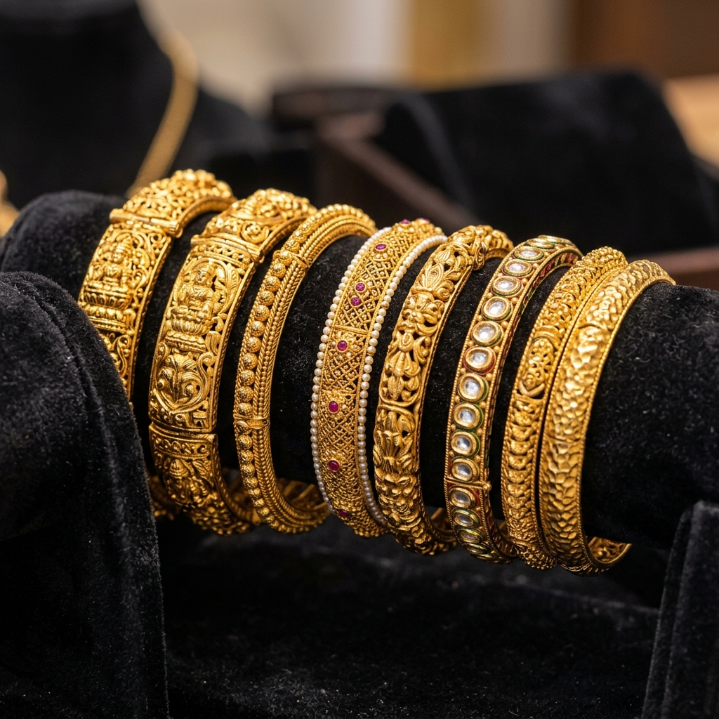 Stunning 22K gold bangles with intricate handcrafted patterns