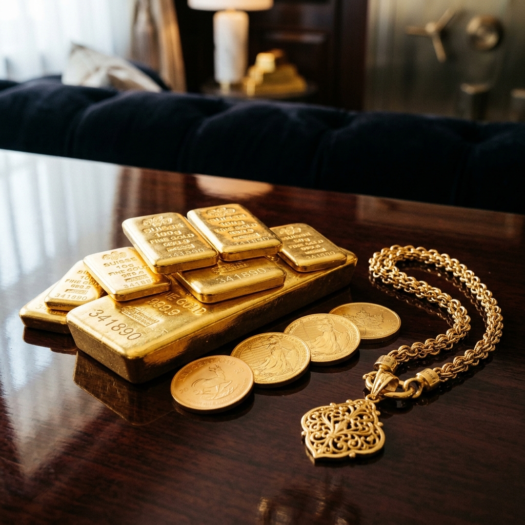 Pure gold bullion bars and gold coins lying on a polished surface