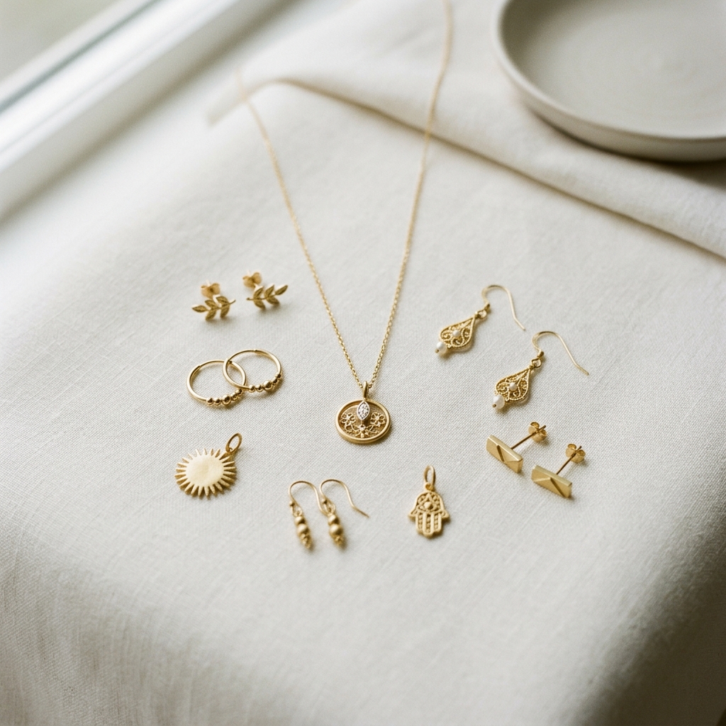 Collection of beautiful lightweight 22K gold rings, earrings and pendants