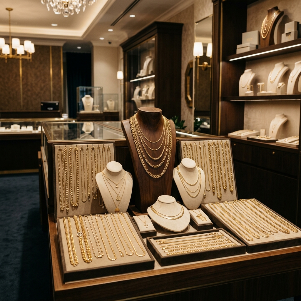 Beautiful selection of gold chains and necklaces in a Calgary store