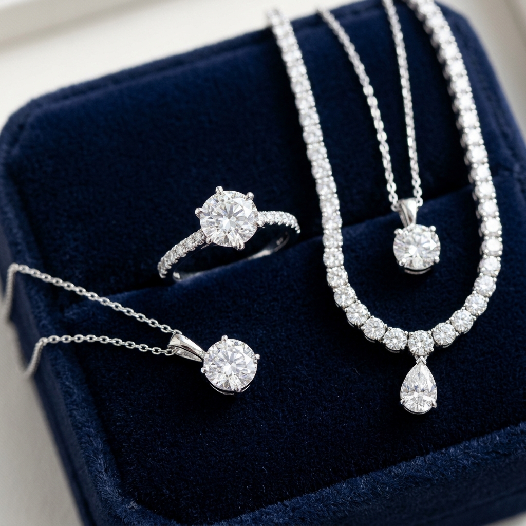 Stunning diamond jewellery in a premium jewelry store showcase