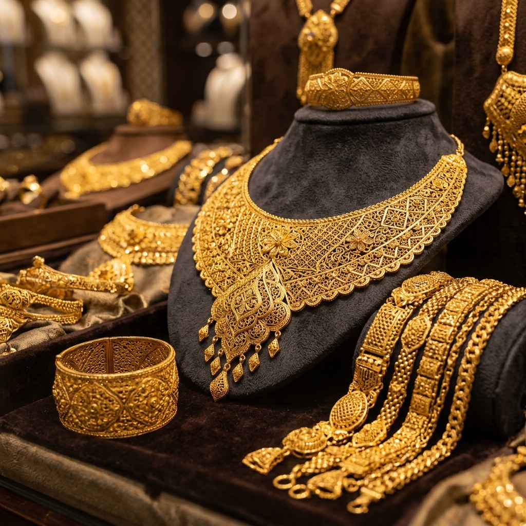 Exquisite Middle Eastern and Dubai-Style Gold Jewelry display