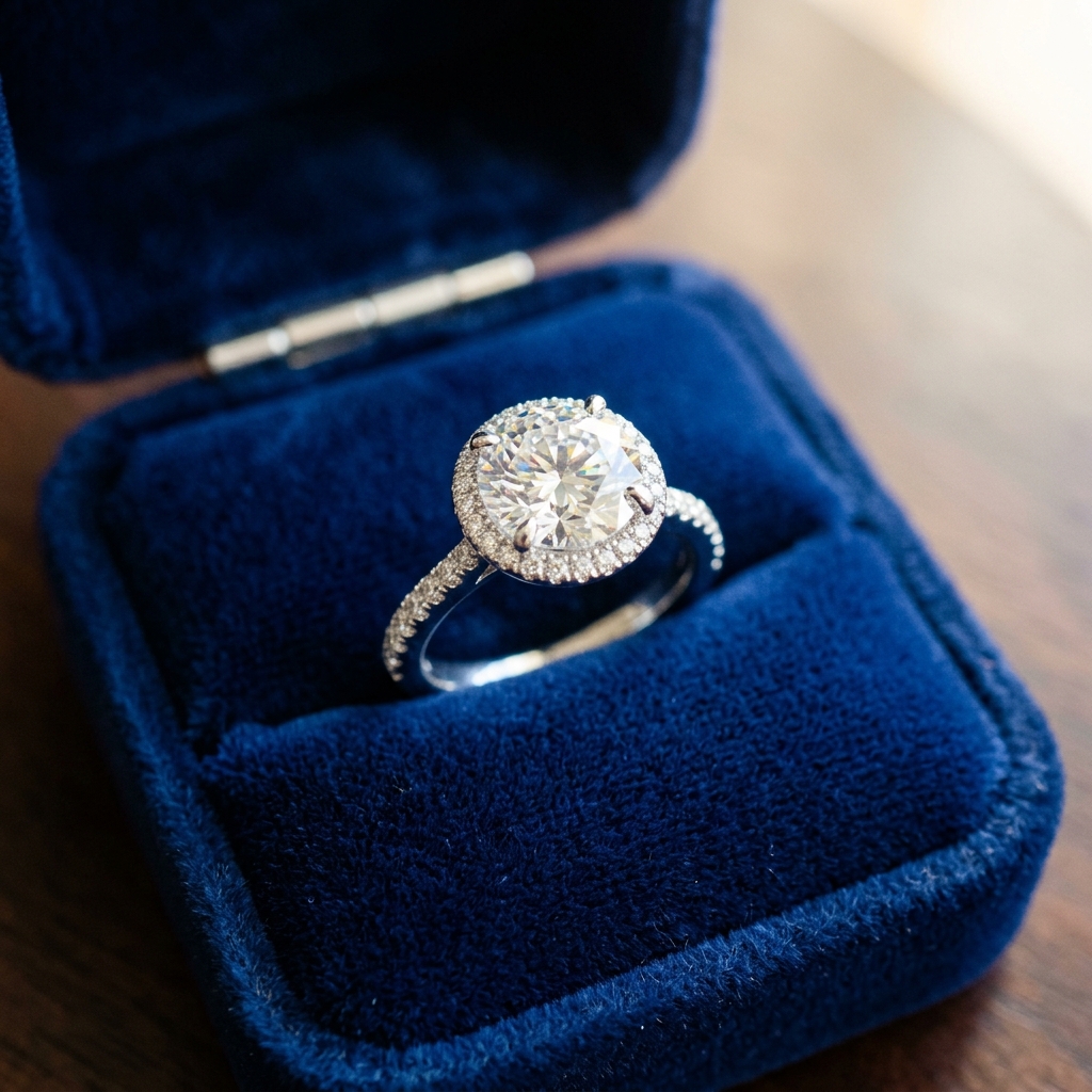 Elegant diamond engagement ring sitting in a velvet ring box