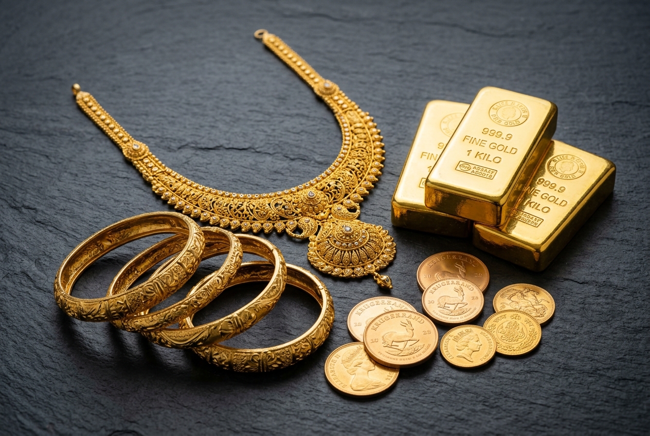 22K Gold Jewellery and Gold Coins Wealth Investment concept