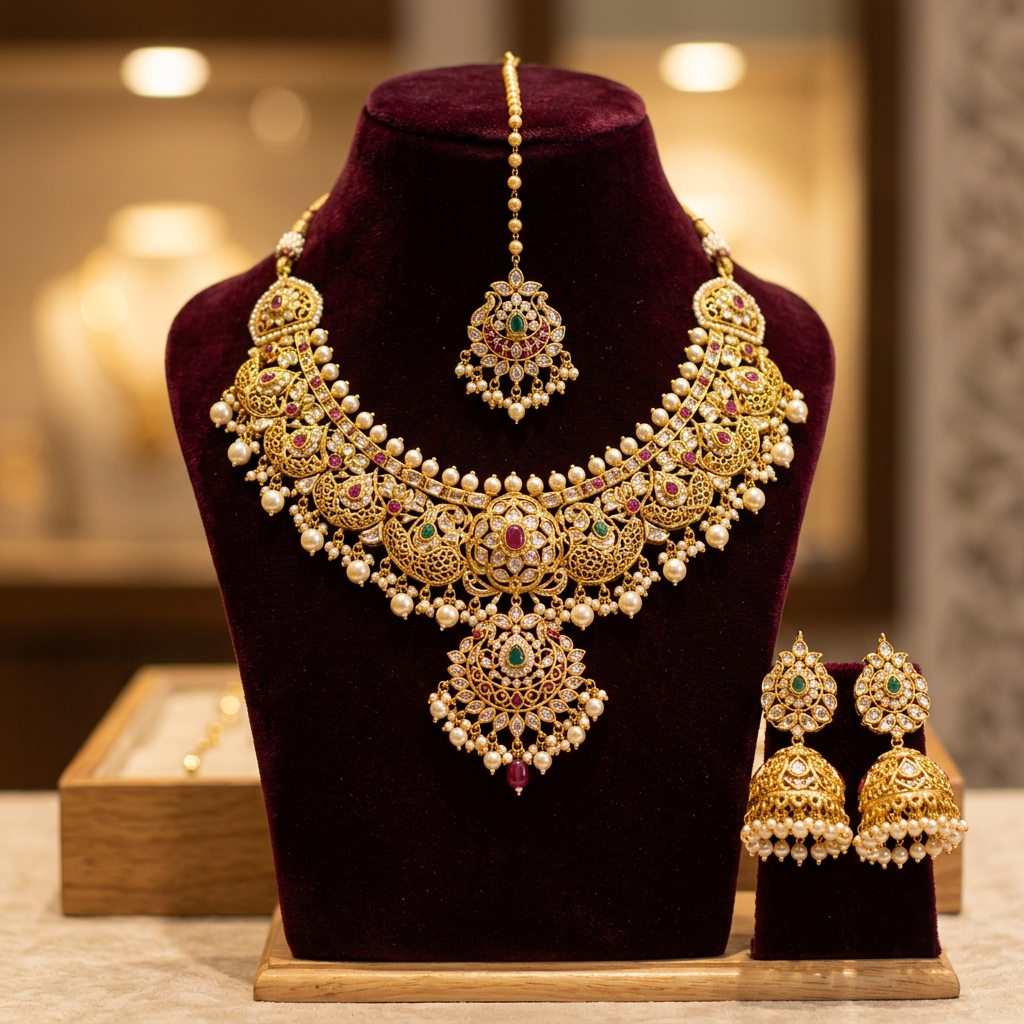Beautiful traditional Indian 22K gold necklace set with matching earrings and maang tikka