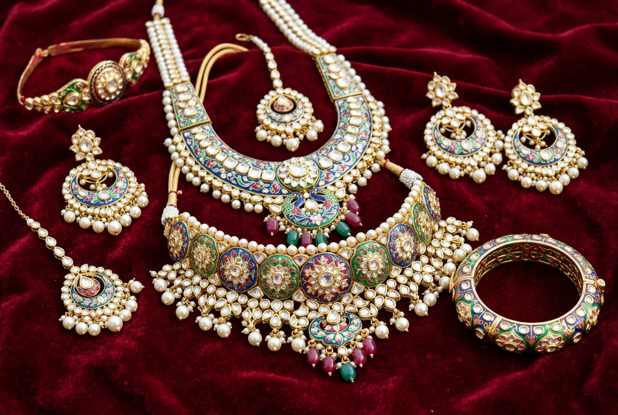 Traditional Gujarati Gold Jewellery Display with Enamel and Kundan Work