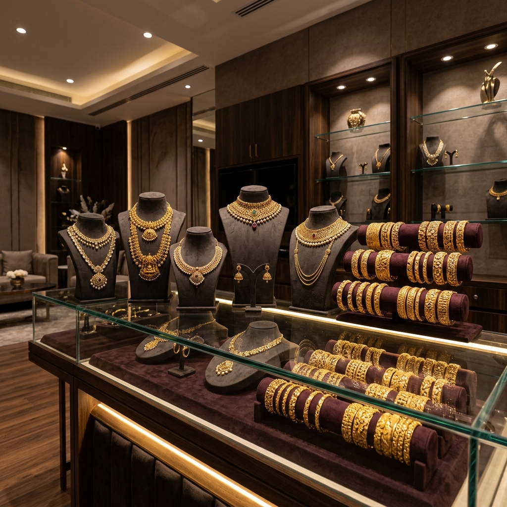 Elegant display of 22K gold jewellery in a Calgary showroom
