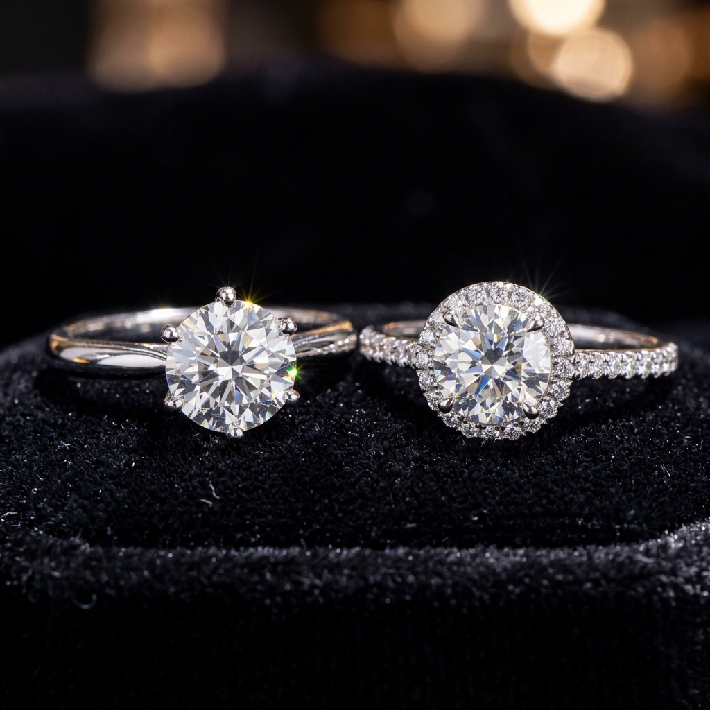 Side by side comparison of a lab-grown and natural diamond engagement ring