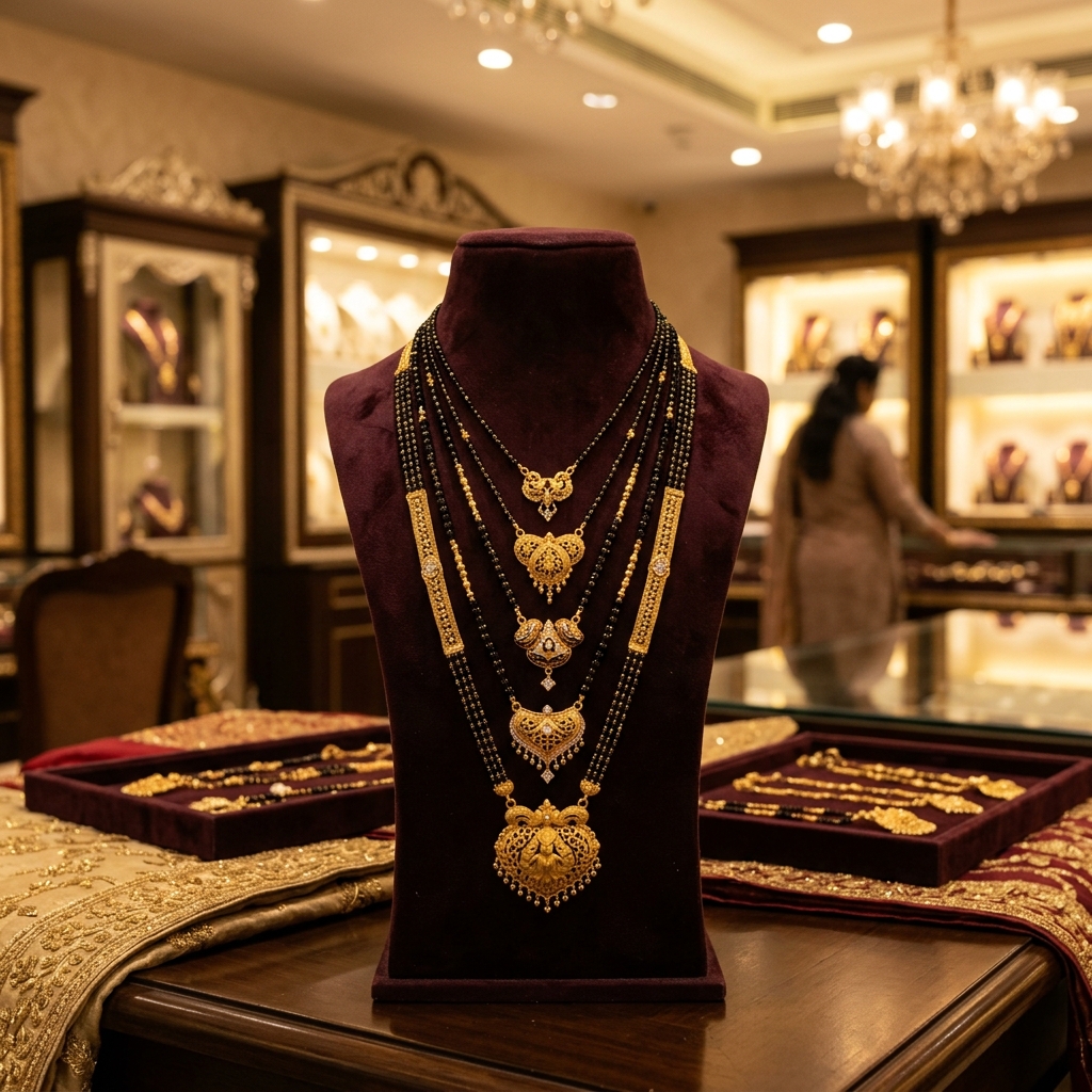 Traditional Indian mangalsutra necklaces made of 22K gold and black beads, elegantly displayed