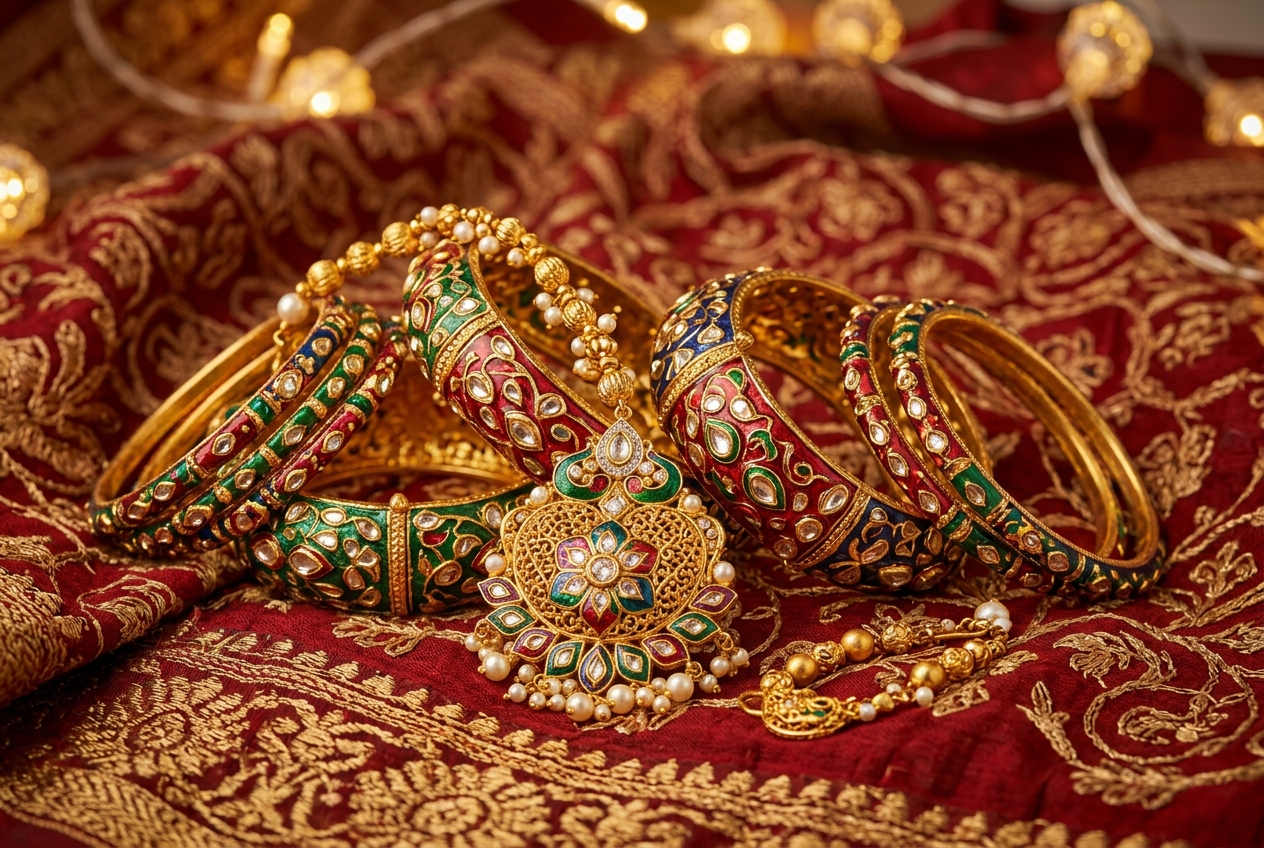 Vibrant 22K Gold Navratri Jewellery with Colorful Bangles and Maang Tikka