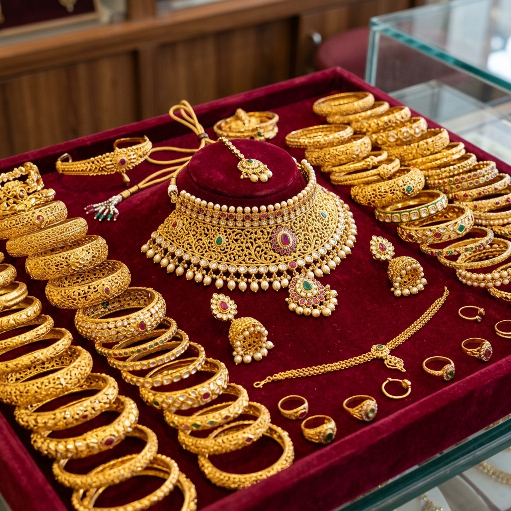 Welcoming Indian jewelry store showcase filled with diverse 22K gold jewellery