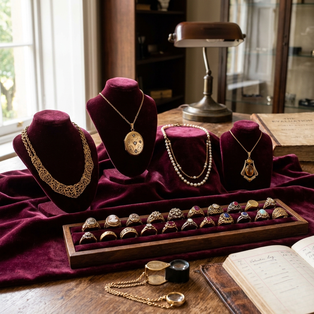 Evaluation of old gold jewellery on dark velvet background