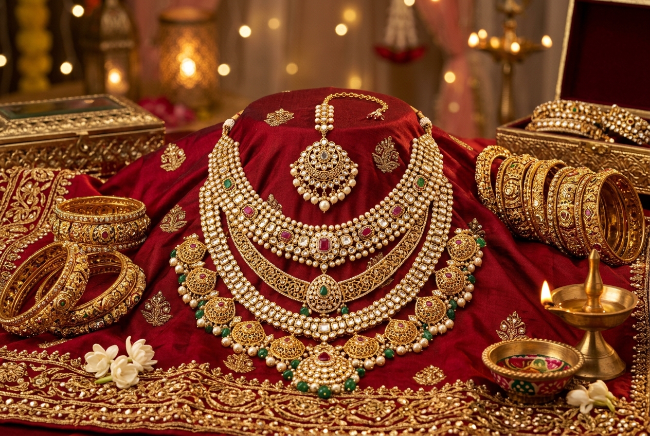 Traditional South Asian Bridal Gold Jewellery Display with Layered Necklace and Maang Tikka