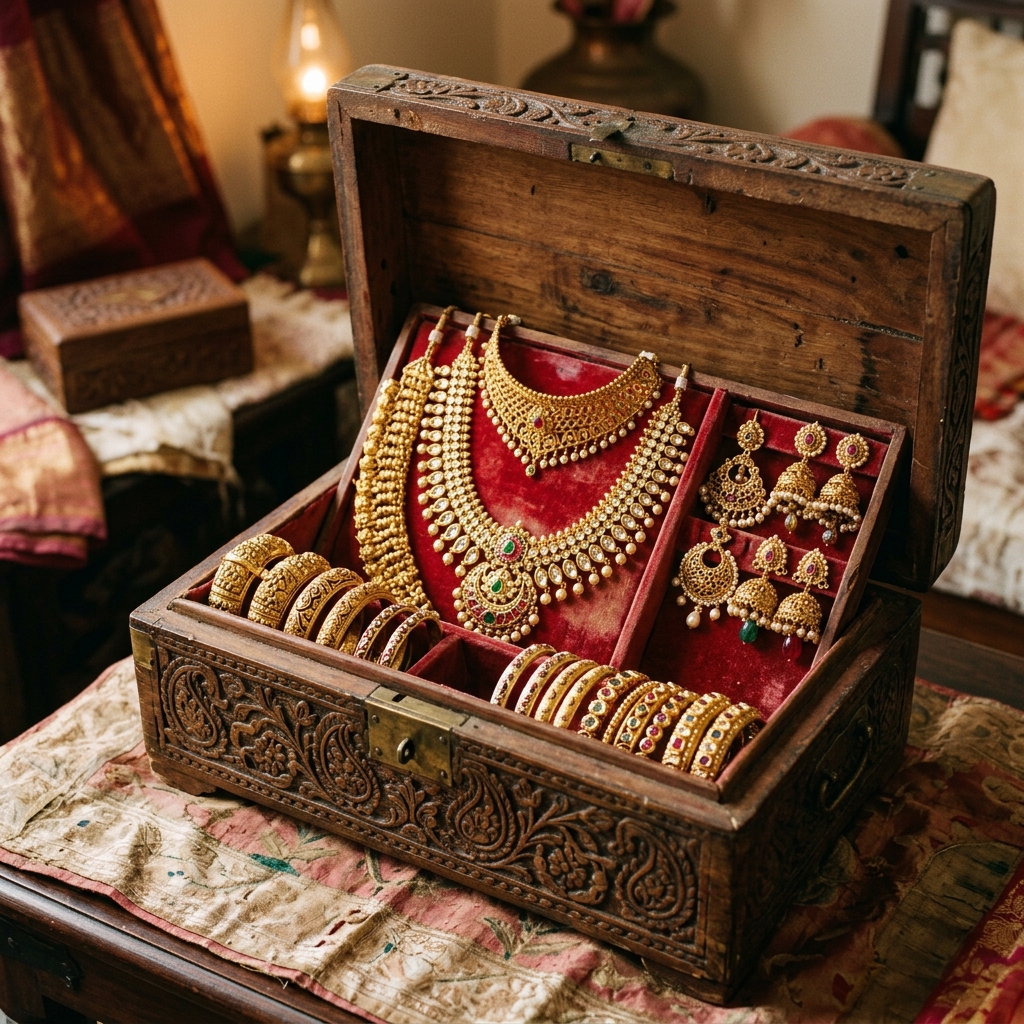 Traditional Indian gold jewelry box with heavy gold chains, bangles and jhumkas