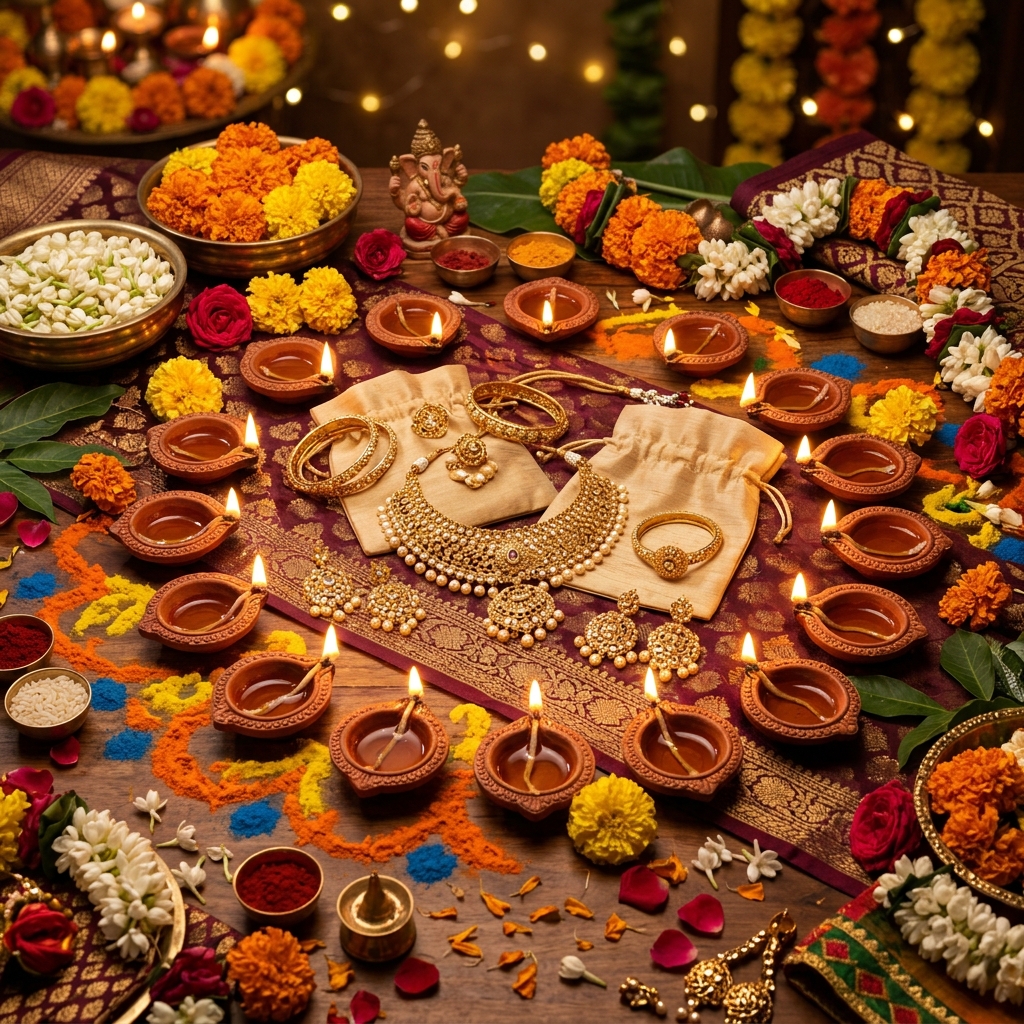 Traditional Diwali setup with clay lamps (diyas), flowers, and exquisite gold jewelry